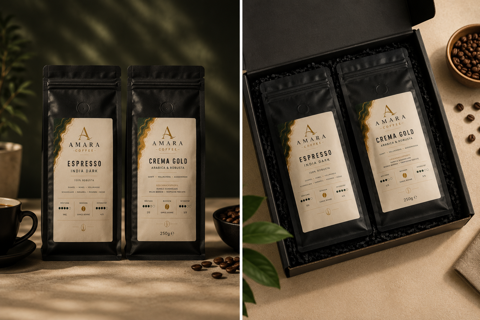AMARA Taste Selection – Bio-Kaffee Probier-Set | Dark India & Crema Gold