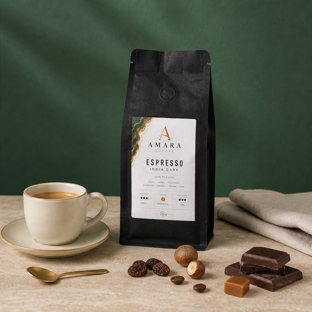 AMARA Espresso India Dark 250g – 100% Bio-Robusta Espresso Bohnen