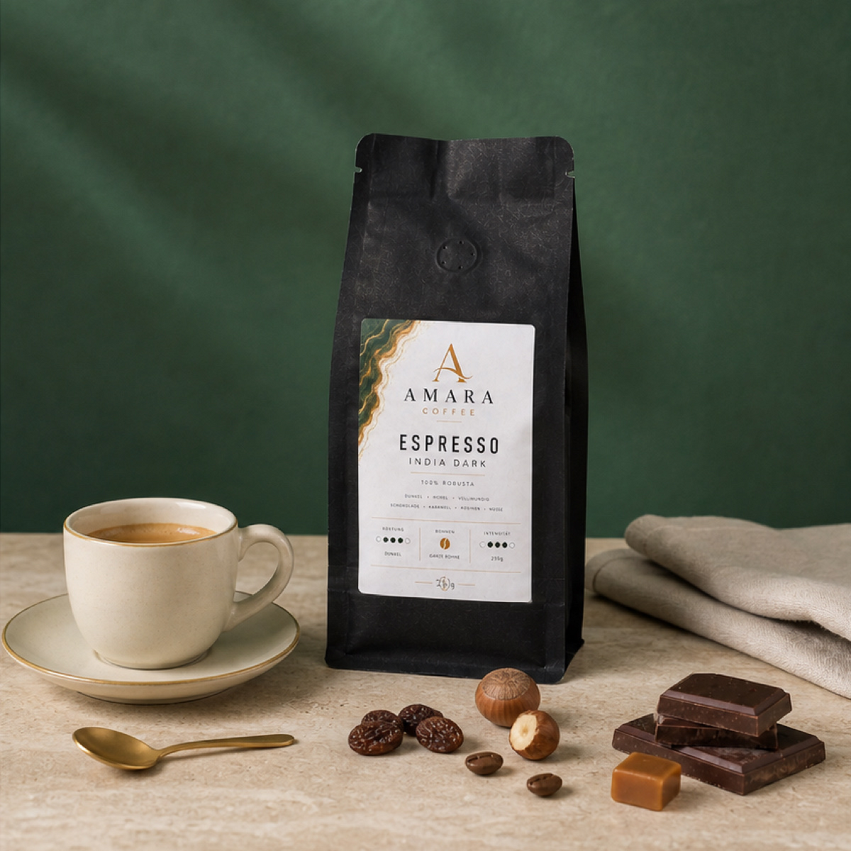AMARA Espresso India Dark 250g – 100% Bio-Robusta Espresso Bohnen