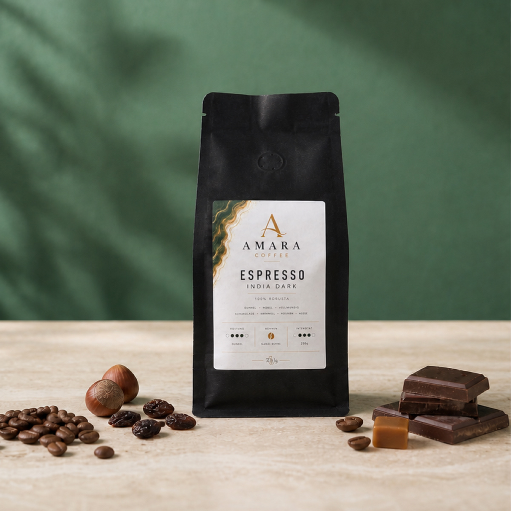 AMARA Espresso India Dark 250g – 100% Bio-Robusta Espresso Bohnen