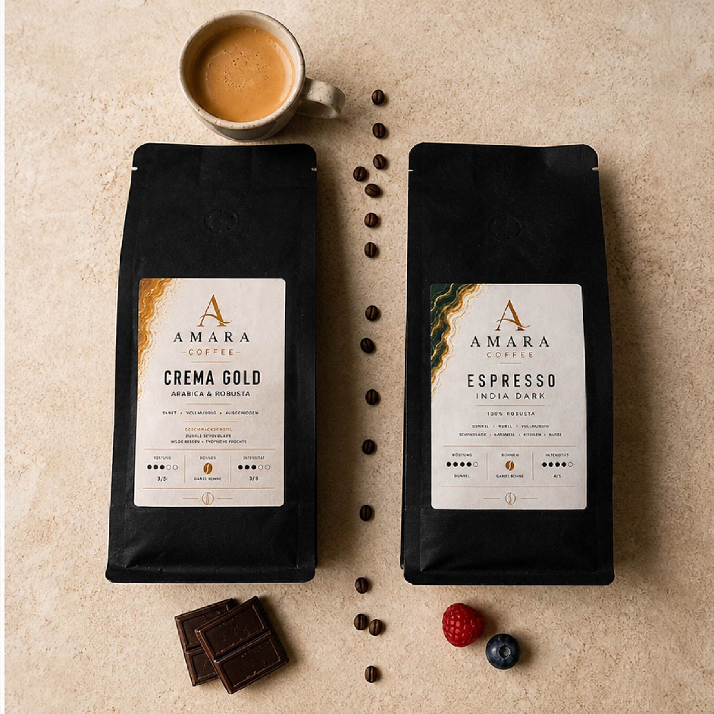 AMARA Taste Selection – Bio-Kaffee Probier-Set | Dark India & Crema Gold