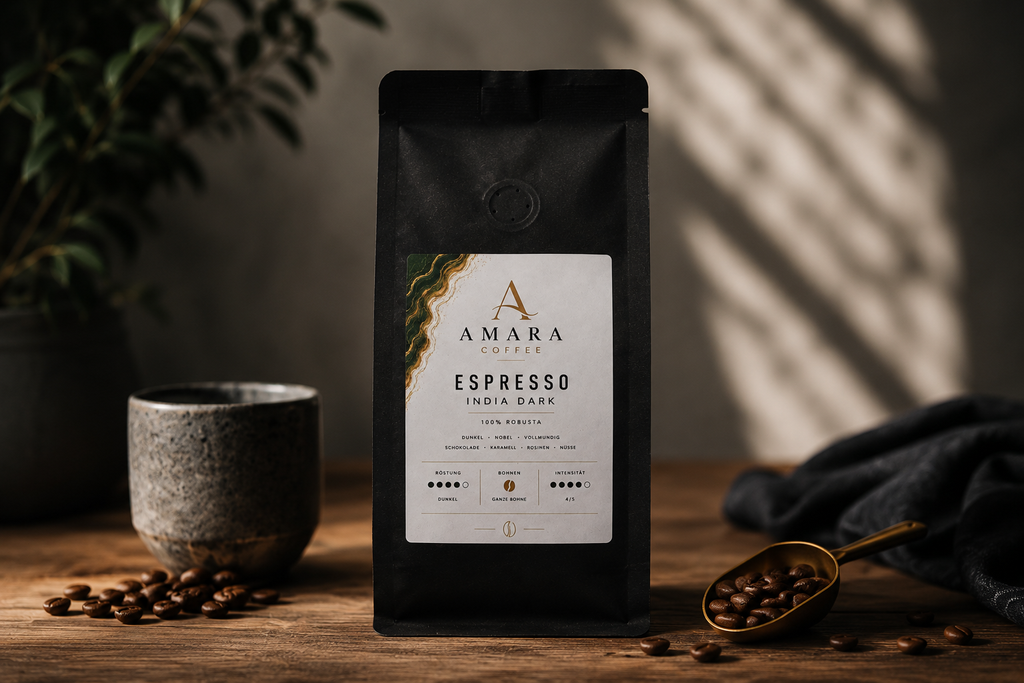 AMARA Coffee Espresso India Dark – 100% Robusta Espresso Bohnen 250g