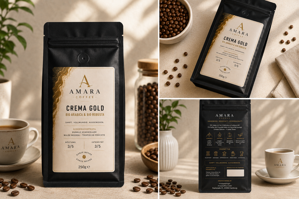AMARA Crema Gold - 52 % Bio-Arabica  48 % Bio-Robusta Bohnen