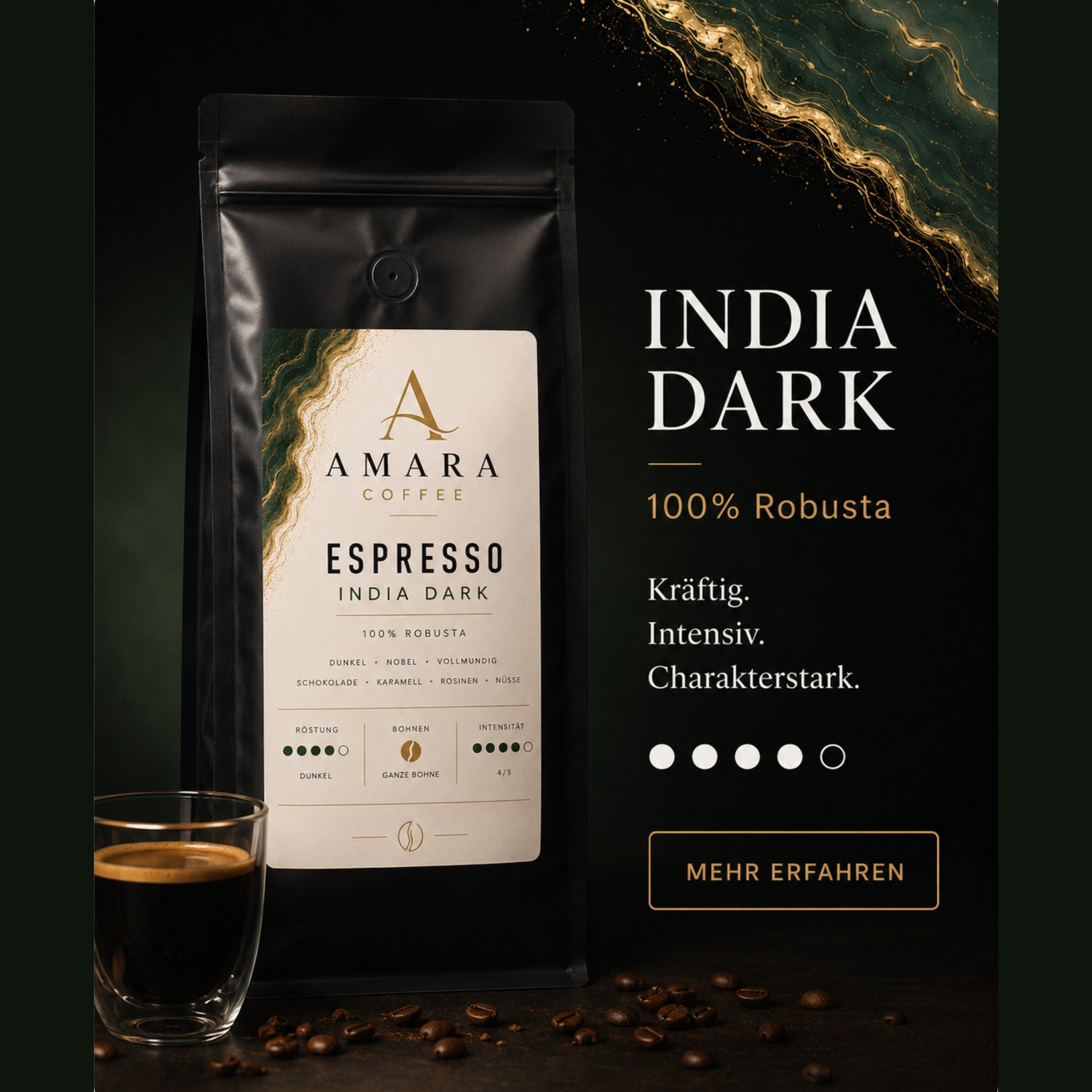 AMARA Espresso India Dark 250g – 100% Bio-Robusta Espresso Bohnen