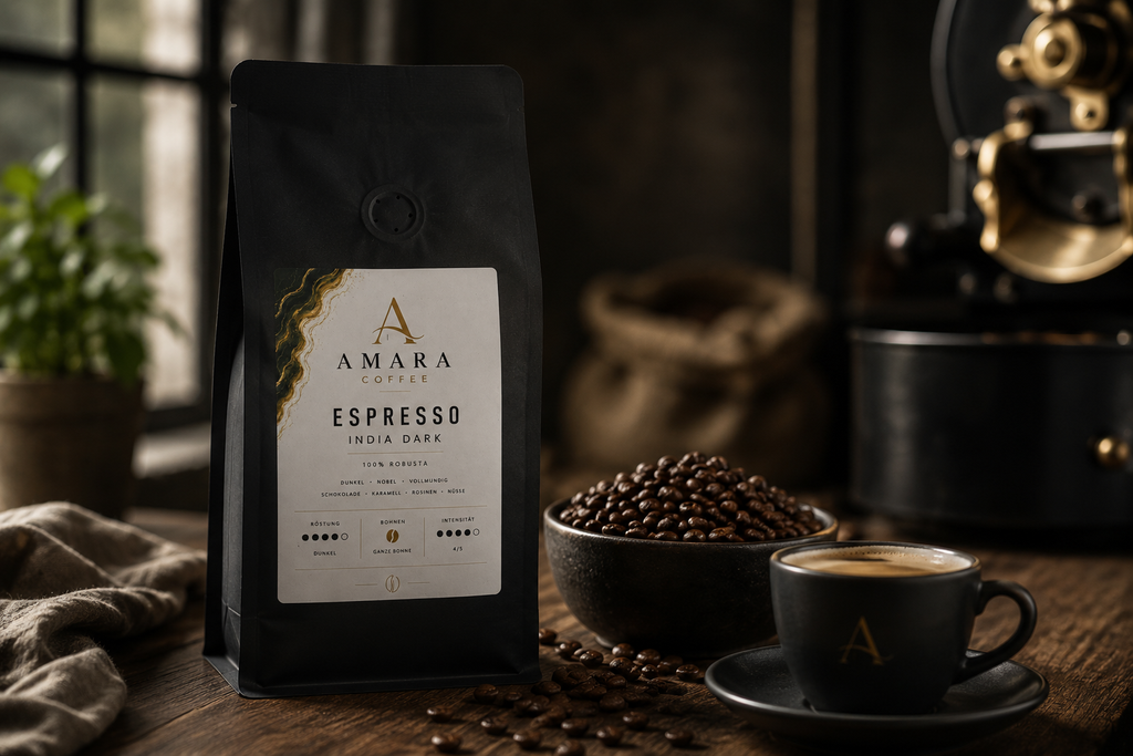 AMARA Coffee Espresso India Dark – 100% Robusta Espresso Bohnen 500g
